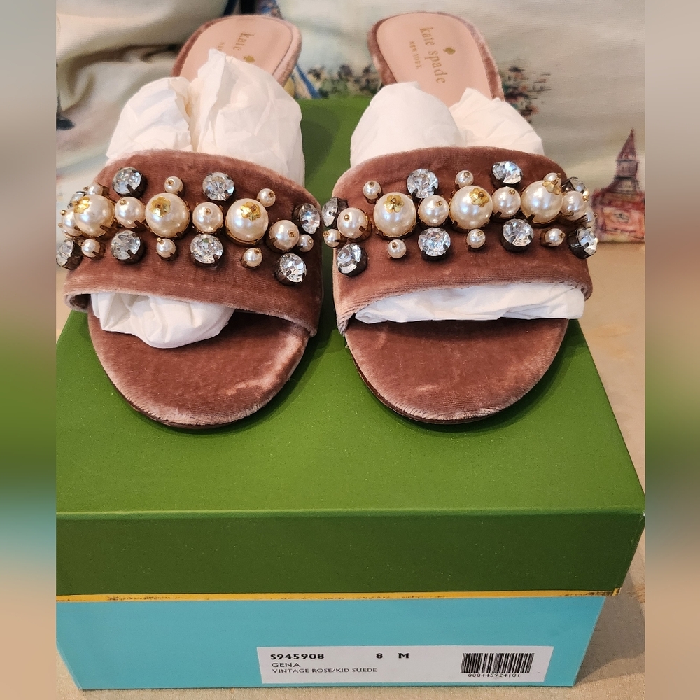 kate spade vintage rose suede pearl & crystal slide sandals